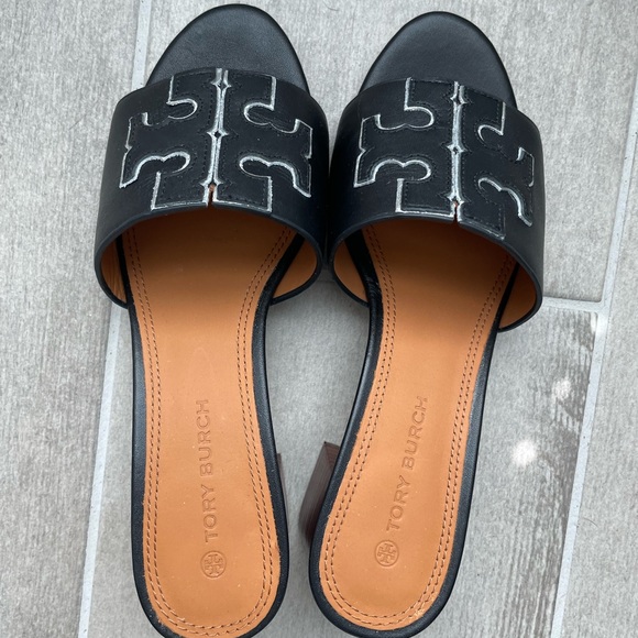 Tory Burch Ines Black Leather Mid Heel Slide Sandals Womens - Picture 2 of 5